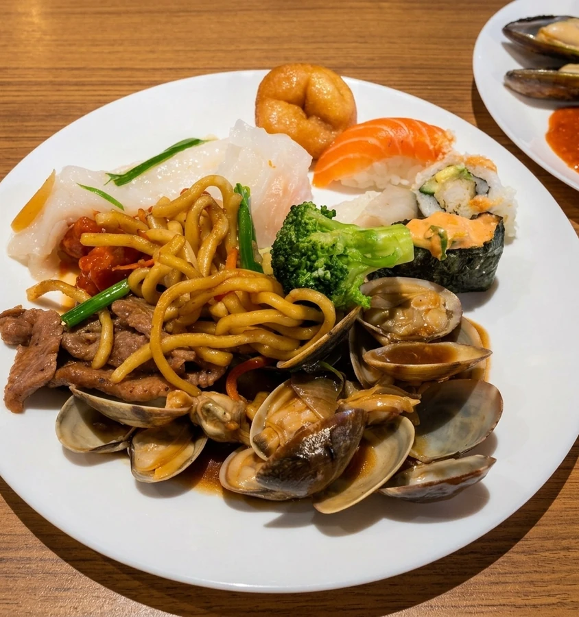 Stir-fried noodles and fried rice at A+ Buffet Sushi & Bar Calgary - Chinese hot dishes on the Asian buffet